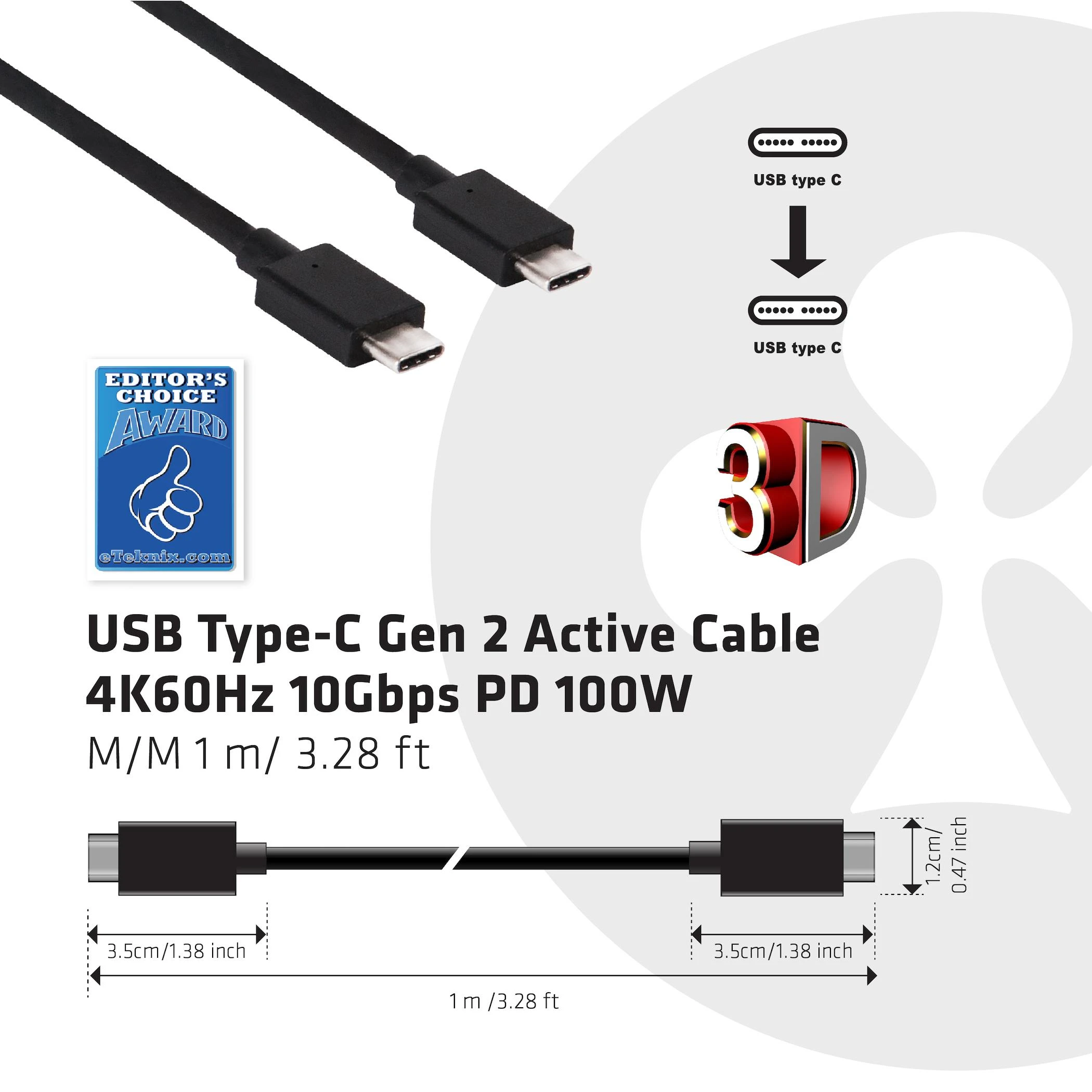 Club 3D CLUB3D USB tipo C laidas M/M 0,8 metro aktyvus PD ~100 vatų 4K60 Hz