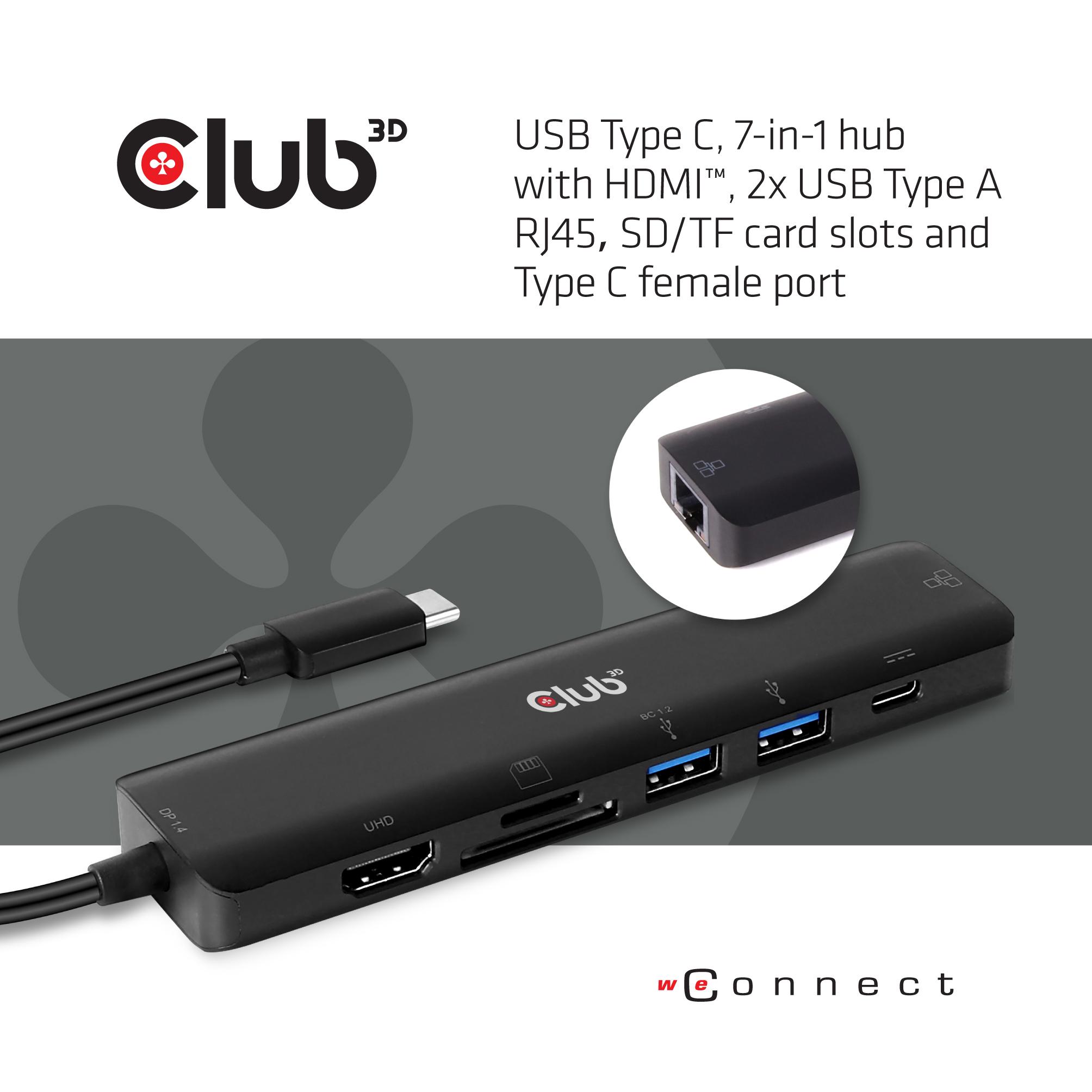 Club 3D USB-C 3.2 7in1 Hub HDMI 4K60HZ su SD TF kortelės lizdu + RJ45