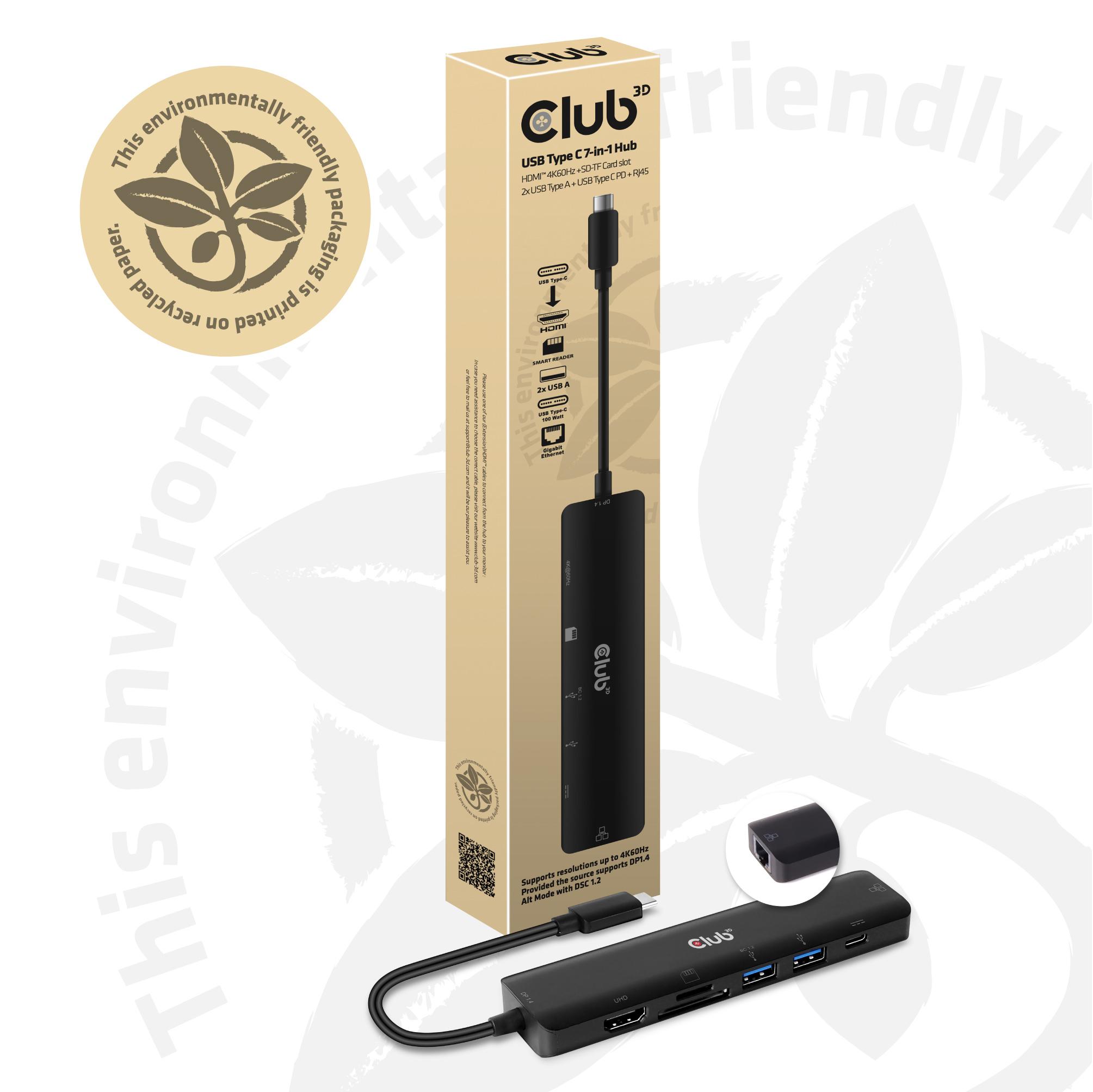 Club 3D USB-C 3.2 7in1 Hub HDMI 4K60HZ su SD TF kortelės lizdu + RJ45