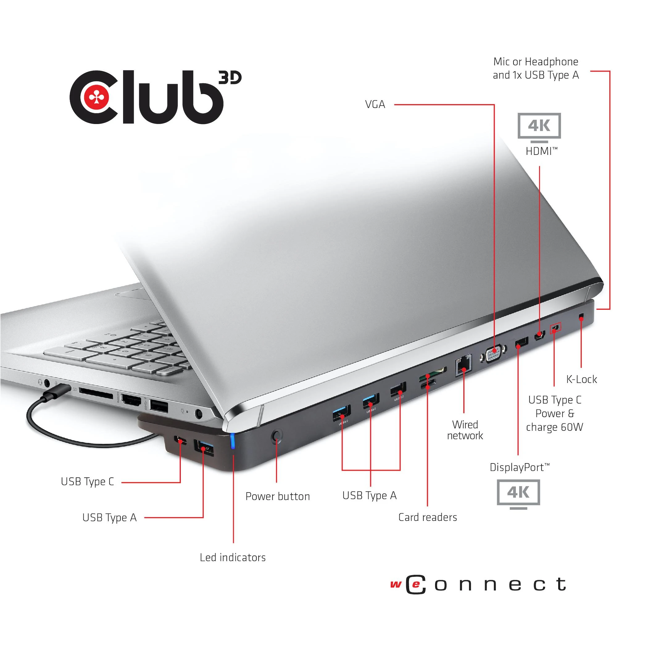 Club 3D Doko stotelė CLUB3D CSV-1564W100 USB 3.2 Gen 1 (3.1 Gen 1) Type-C Juodas