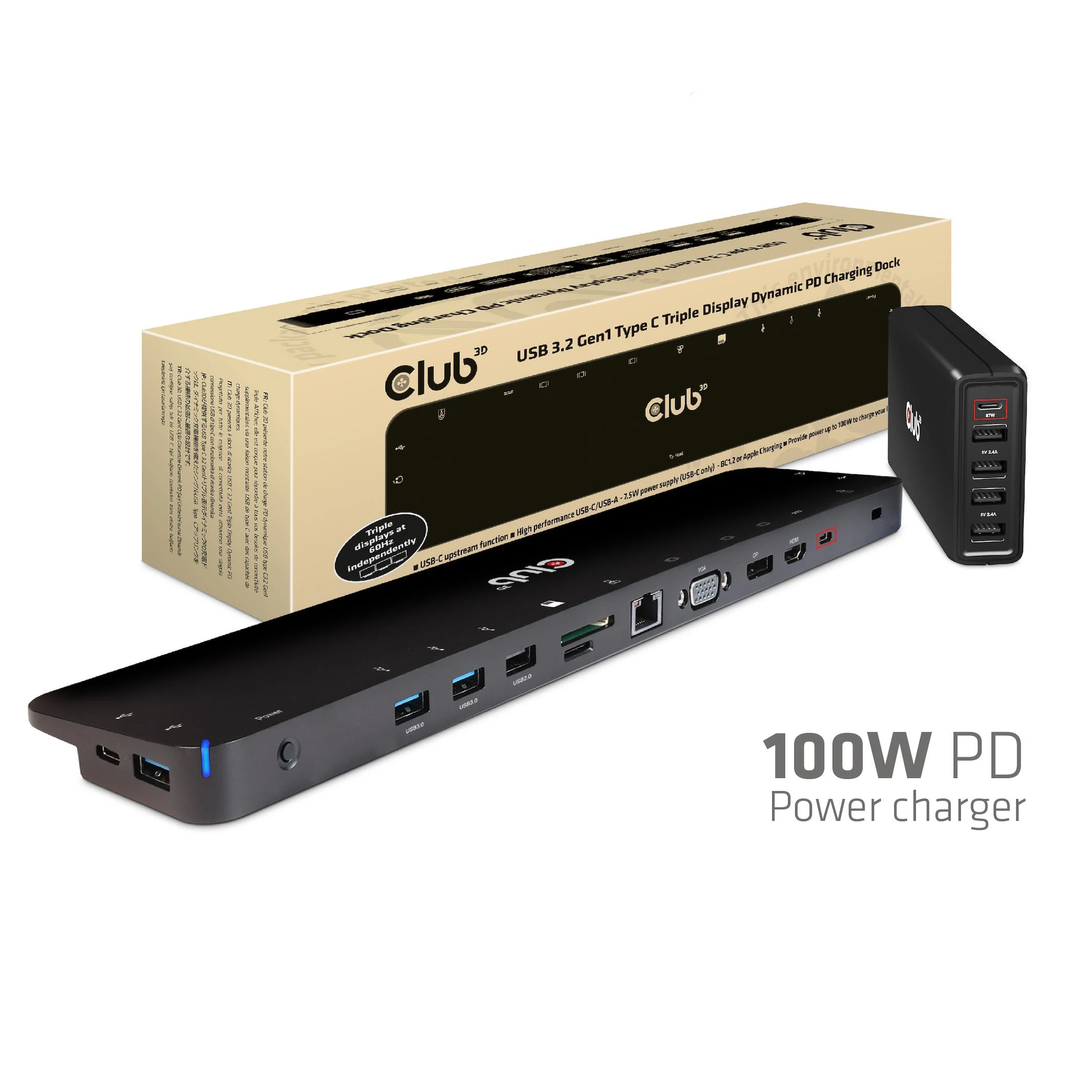 Club 3D Doko stotelė CLUB3D CSV-1564W100 USB 3.2 Gen 1 (3.1 Gen 1) Type-C Juodas