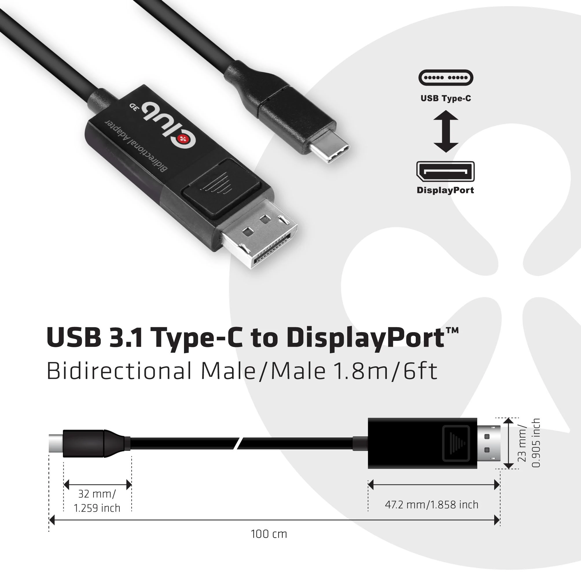 USB Club 3D USB-C – DisplayPort laidas, 1,8 m juodas (CAC-1557)
