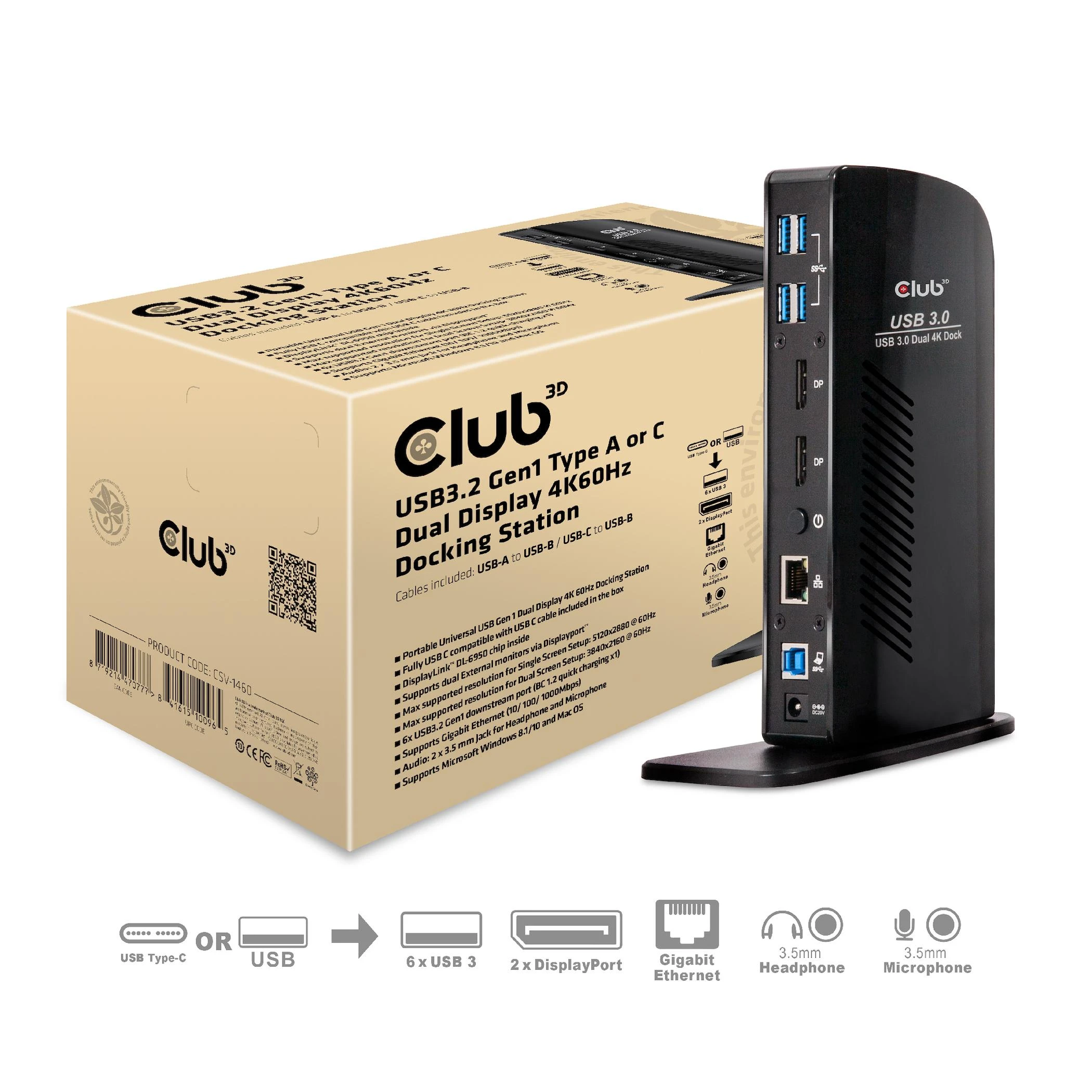 „Club 3D SenseVision“ dvigubo ekrano 4K USB 3.0 stotis / replikatorius (CSV-1460)