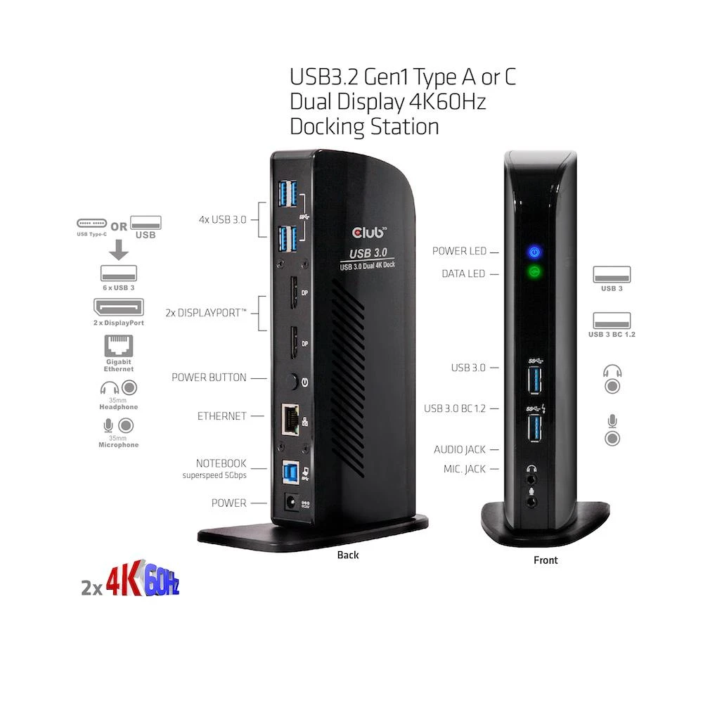 „Club 3D SenseVision“ dvigubo ekrano 4K USB 3.0 stotis / replikatorius (CSV-1460)