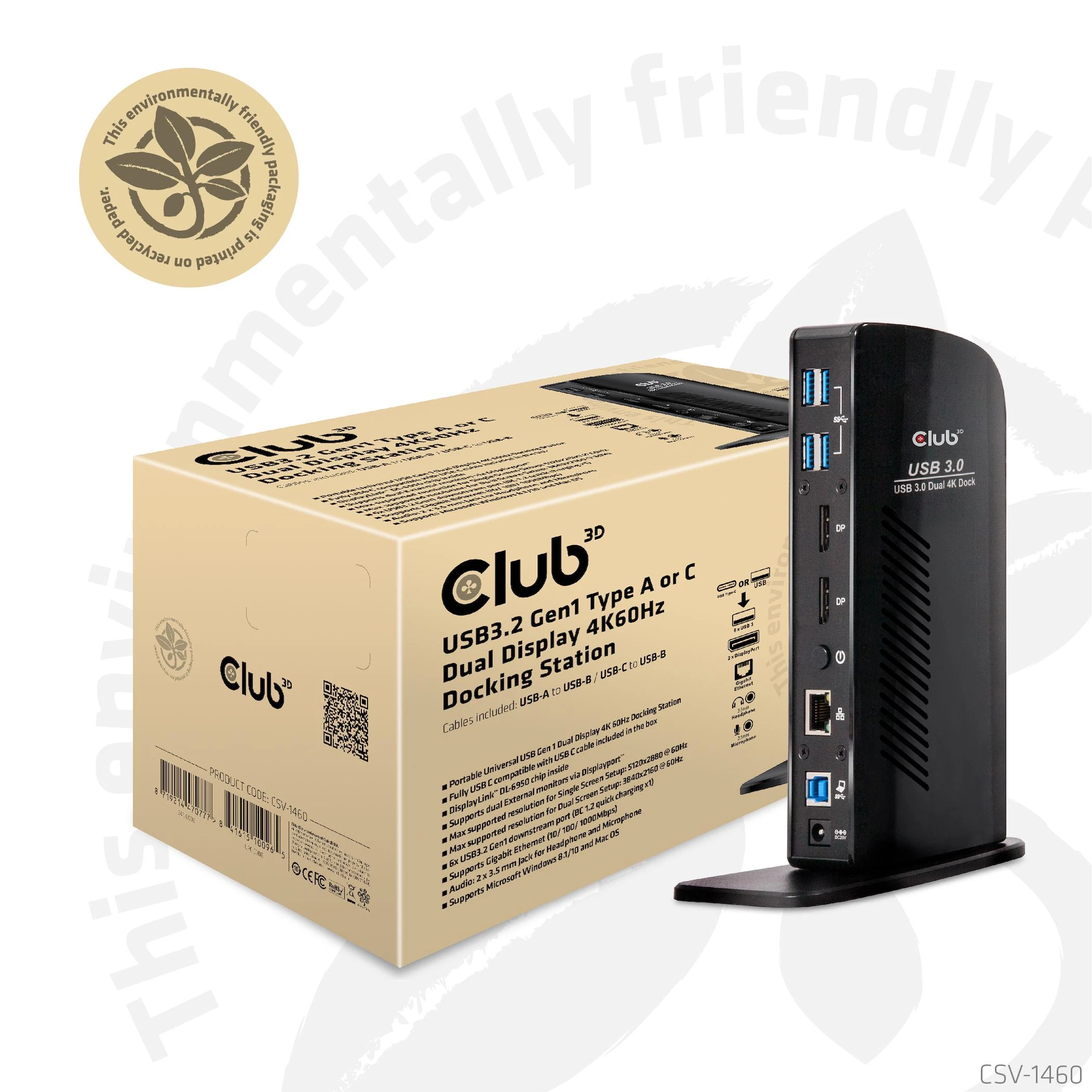 „Club 3D SenseVision“ dvigubo ekrano 4K USB 3.0 stotis / replikatorius (CSV-1460)
