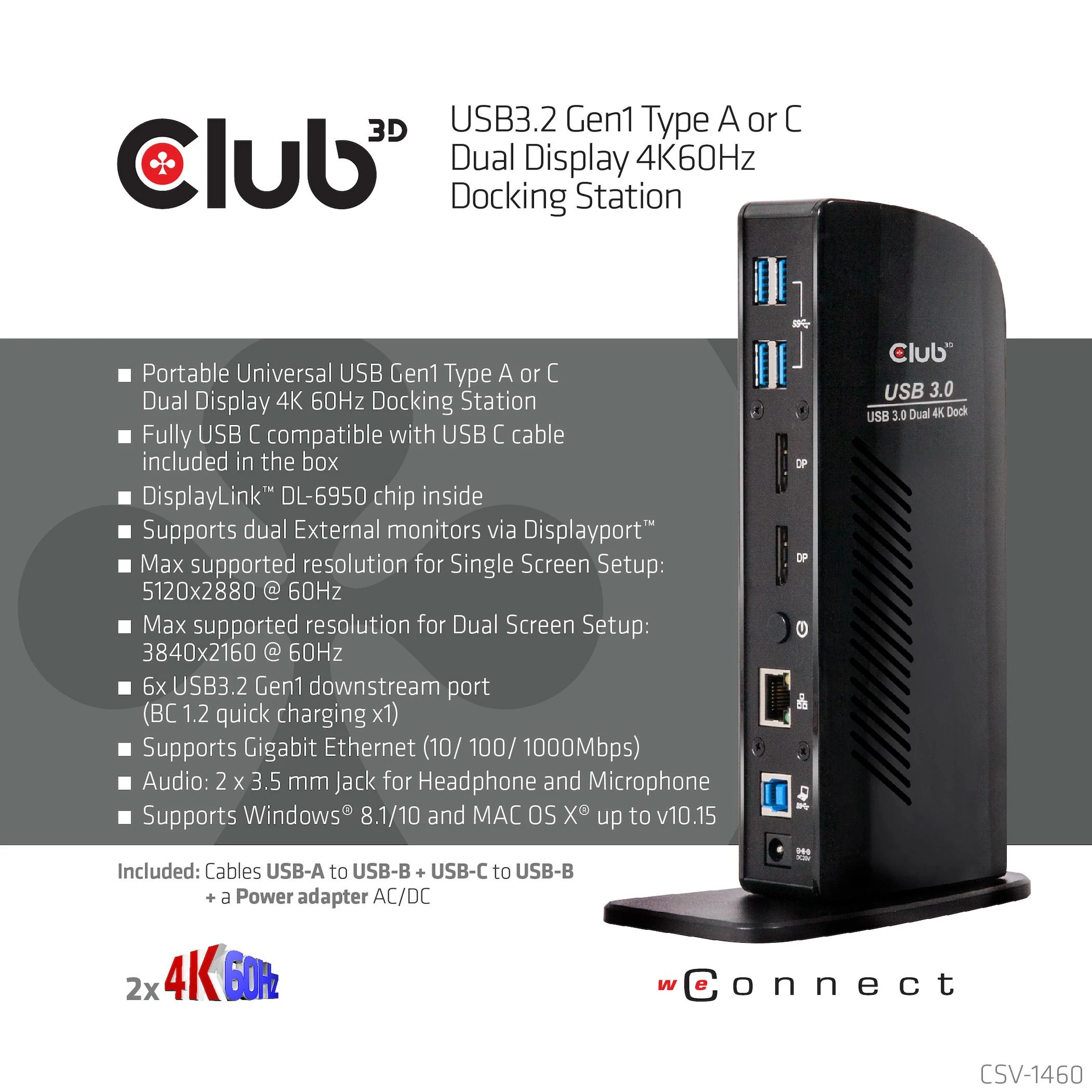 „Club 3D SenseVision“ dvigubo ekrano 4K USB 3.0 stotis / replikatorius (CSV-1460)