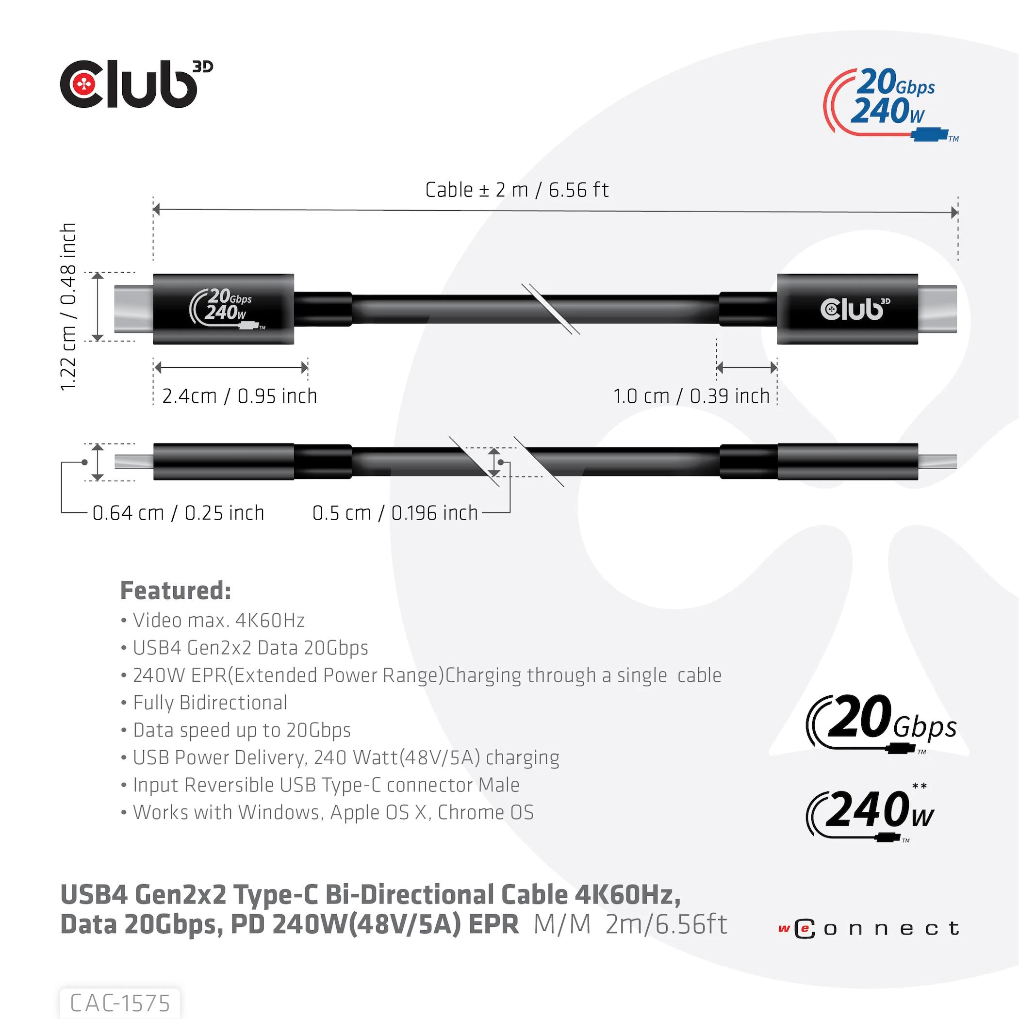USB kabelis Club 3D USB-C - USB-C 2 m Juodas (CAC- 1575)