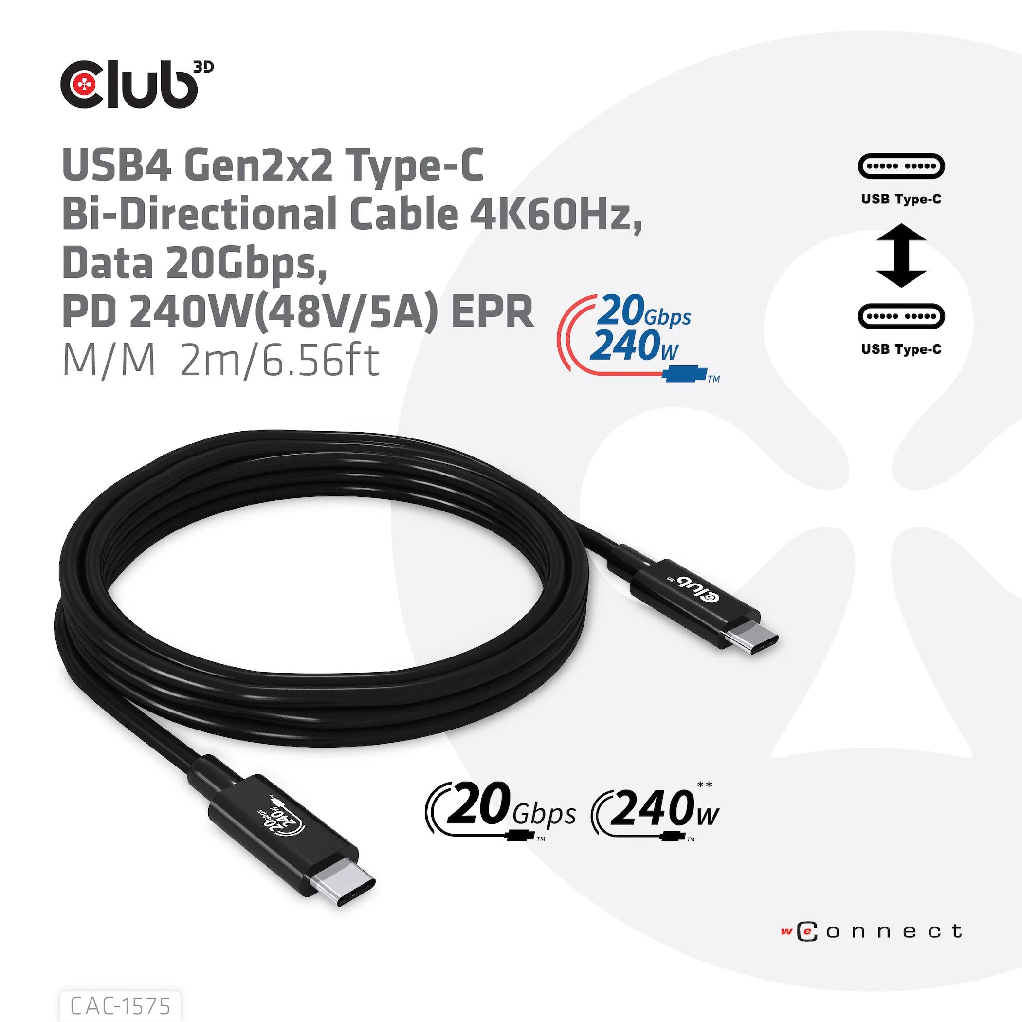 USB kabelis Club 3D USB-C - USB-C 2 m Juodas (CAC- 1575)
