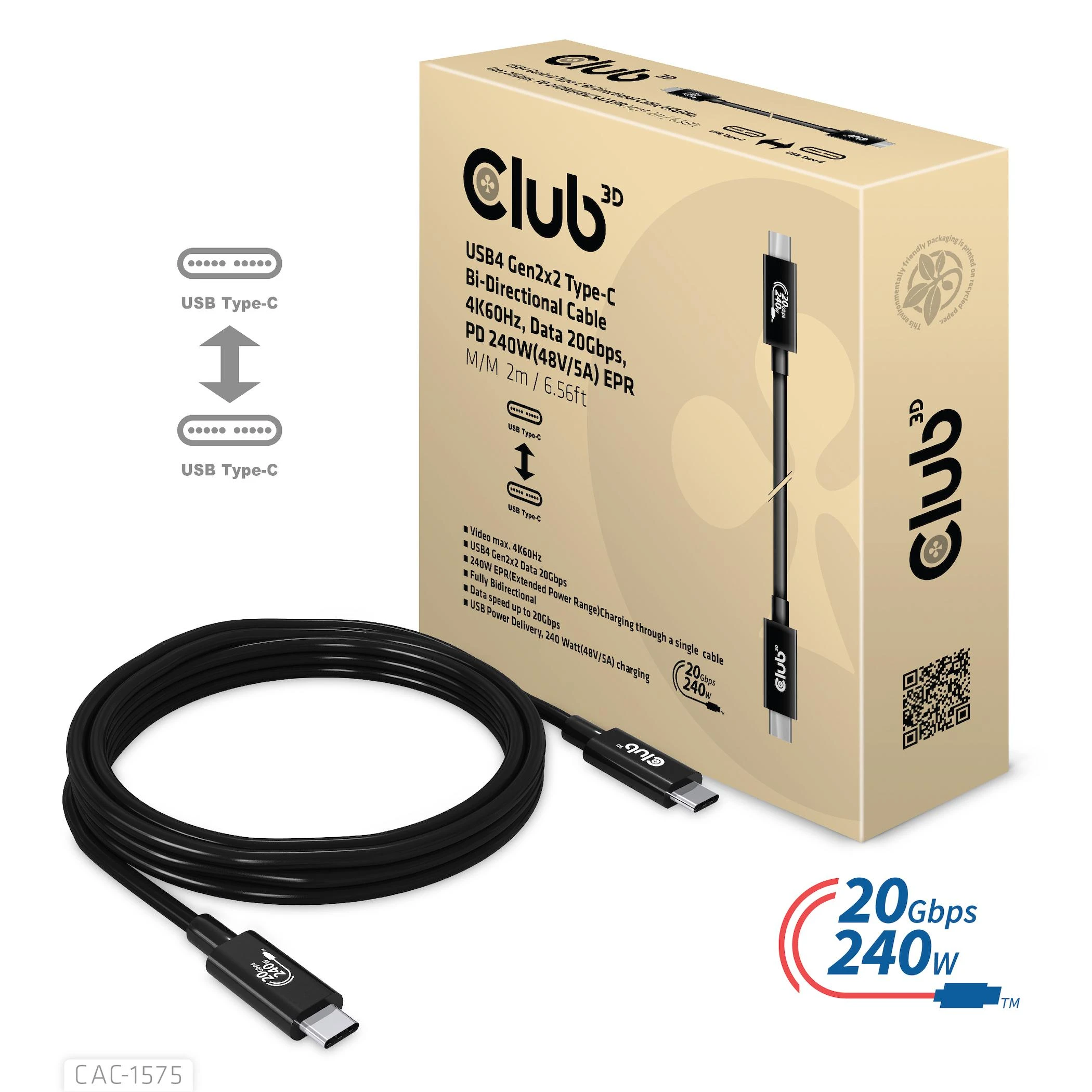 USB kabelis Club 3D USB-C - USB-C 2 m Juodas (CAC- 1575)