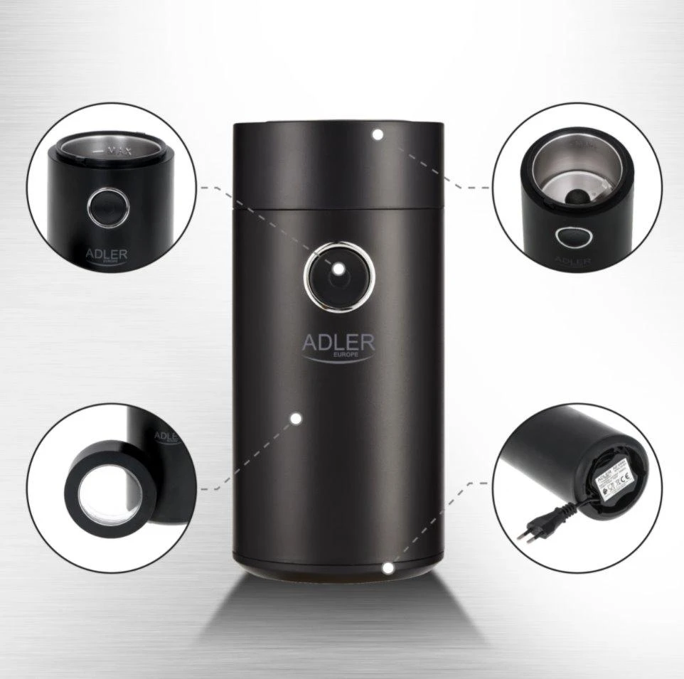 Kavamalė Adler | Kavos malūnėlis | AD4446bs | 150 W | Kavos pupelių talpa 75 g | Dangčio apsauginis jungiklis | Juodas