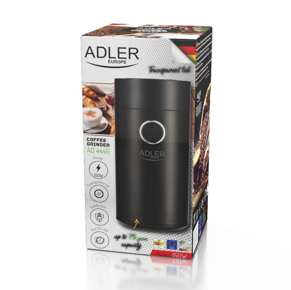 Kavamalė Adler | Kavos malūnėlis | AD4446bs | 150 W | Kavos pupelių talpa 75 g | Dangčio apsauginis jungiklis | Juodas