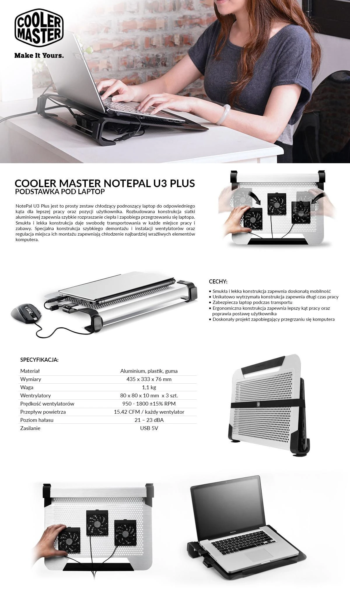Cooler Master NotePal U3 Plus nešiojamojo kompiuterio aušintuvas iki 19" 1,1kg, Juodas, 435 x 333 x 76 mm