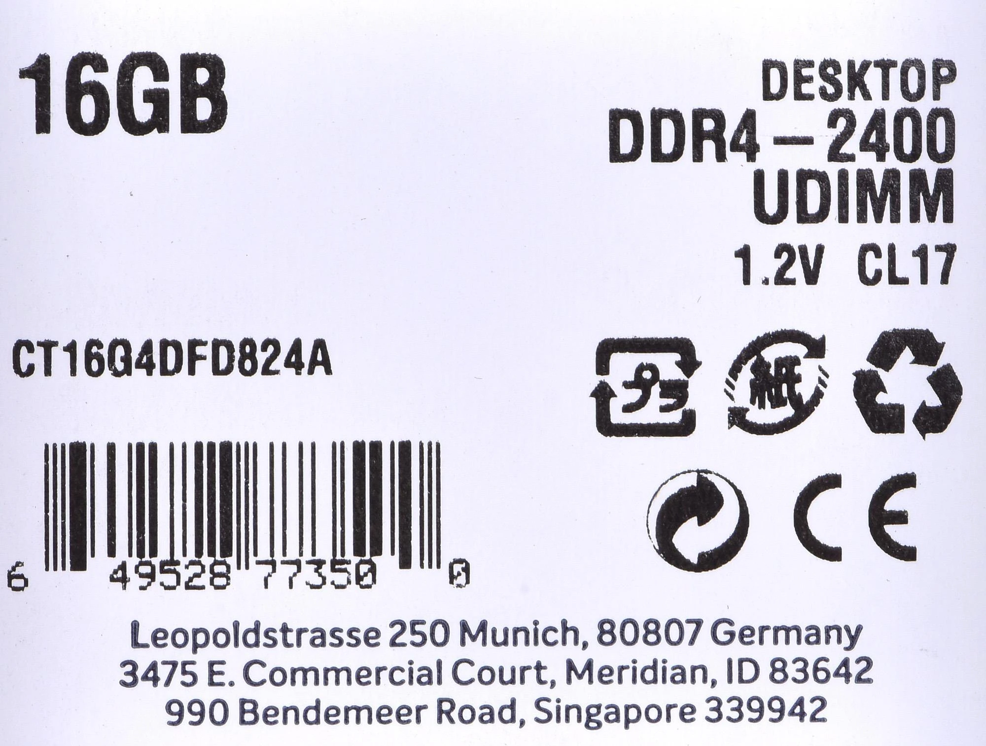 RAM „Crucial“ 16 GB, DDR4, 2400 MHz, asmeninis/serveris, registracijos Nr., ECC Nr.