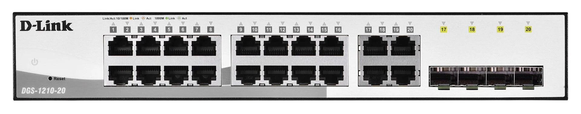 Šakotuvas D-LINK DGS-1210-20, Gigabit Smart Switch su 16 10/100/1000Base-T jungtys ir 4 Gigabit MiniGBIC (SFP) jungtys, 802.3x srauto valdymas, 802.3ad Link Aggregation, 802.1Q Quees.1p, 80 Prievado atspindėjimas,, Jumbo Frame palaikymas, 802.1D STP, ACL, LLDP, kabelių diagnostika, automatinio stebėjimo VLAN, automatinio balso VLAN, | D-Link | Tvarkoma L2 | Darbalaukis | 24 mėn.
