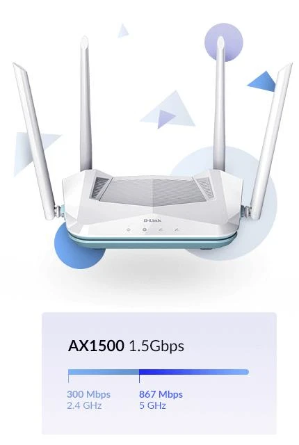 D-Link | AX1500 Smart Maršrutizatorius | R15 | 802.11ax | 1200+300 Mbit/s | 10/100/1000 Mbit/s | Ethernet LAN (RJ-45) jungtys 3 | Mesh palaikymas: Taip | MU-MiMO: Taip | Ne, mobilusis plačiajuostis ryšys: | Antenos tipas: 4 išorinės