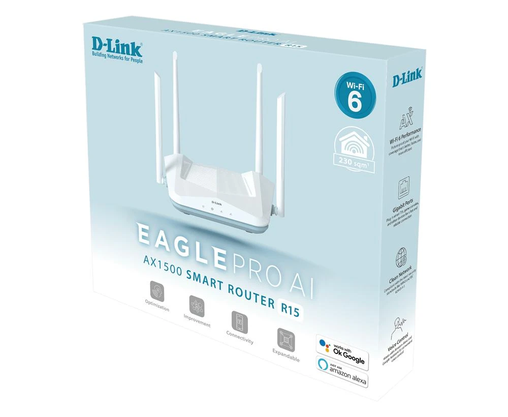 D-Link | AX1500 Smart Maršrutizatorius | R15 | 802.11ax | 1200+300 Mbit/s | 10/100/1000 Mbit/s | Ethernet LAN (RJ-45) jungtys 3 | Mesh palaikymas: Taip | MU-MiMO: Taip | Ne, mobilusis plačiajuostis ryšys: | Antenos tipas: 4 išorinės