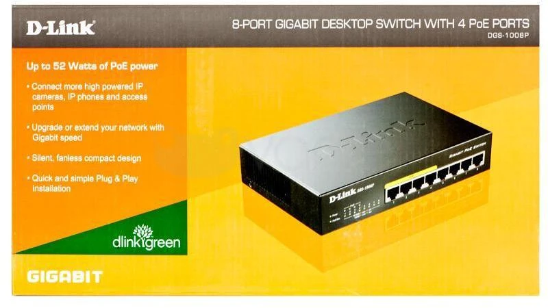 Šakotuvas Komutatorius D-Link 8x10 / 100 / 1000Mbps RJ45, 4xPoE, 52W, / DGS-1008P