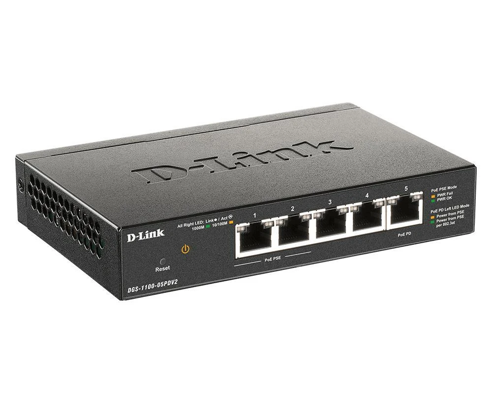 Šakotuvas D-LINK 5 prievadų Gigabit PoE maitinamas PoE išmanusis jungiklis