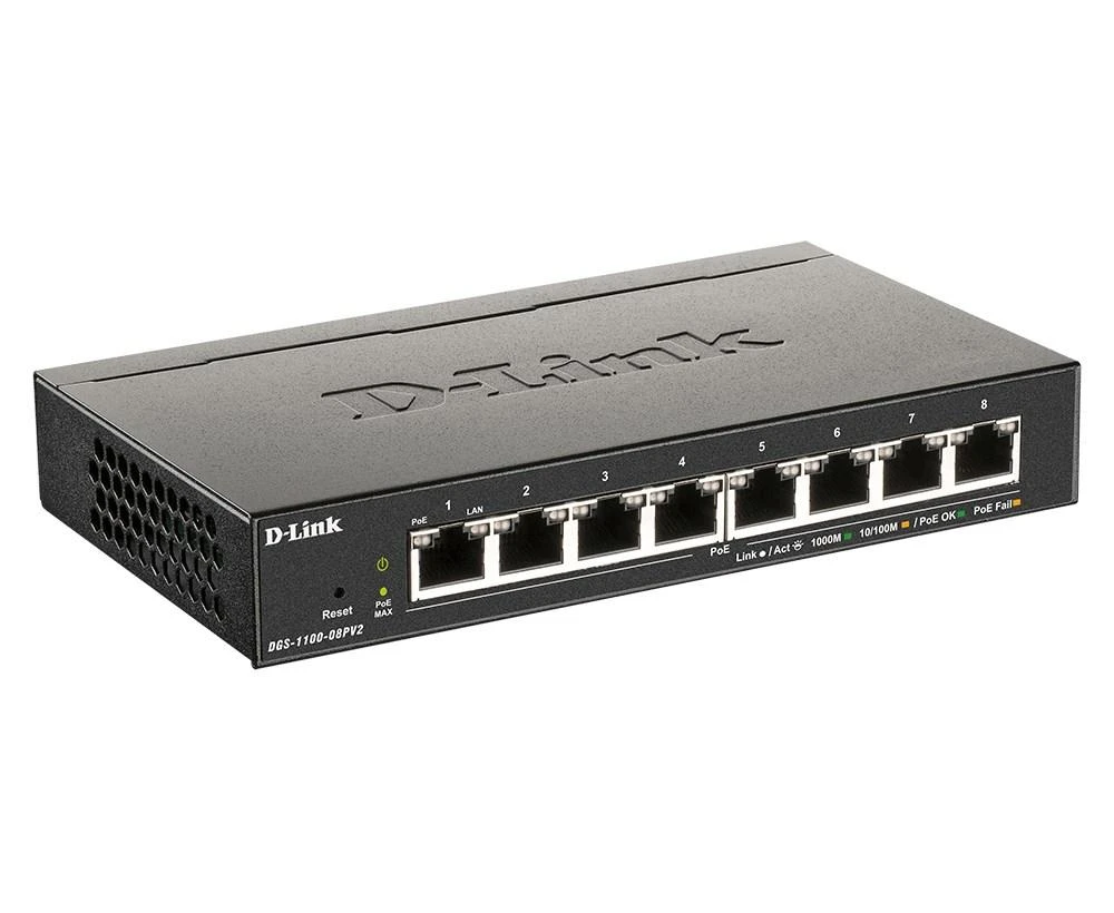 Šakotuvas D-LINK 8-Port Layer2 PoE Smart Gigabit Switch 8x 10/100/1000Mbps TP RJ-45 PoE prievadas 802.3af/at Power-over-Ethernet iki 30 vatų