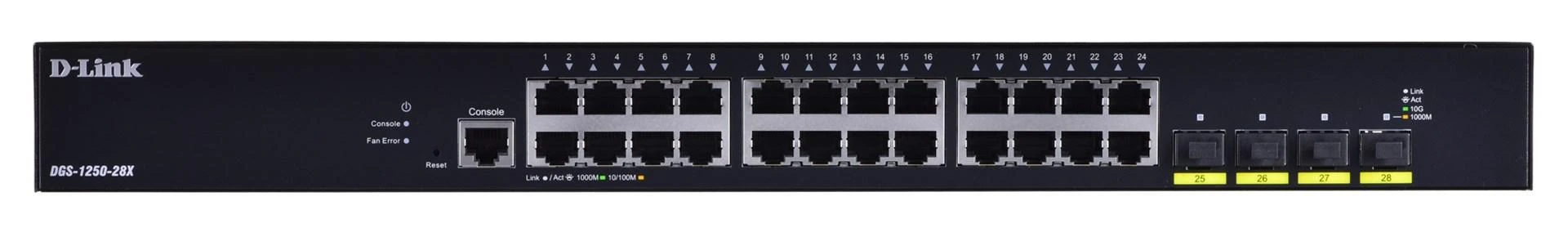 Šakotuvas D-Link | Sukraunamas išmanusis valdomas jungiklis su 10G įkėlimo nuorodomis | DGS-1250-28X/E | Tvarkomas žiniatinklis | Montuojamas ant stovo | Gigabit Ethernet (vario) jungtys kiekis 24