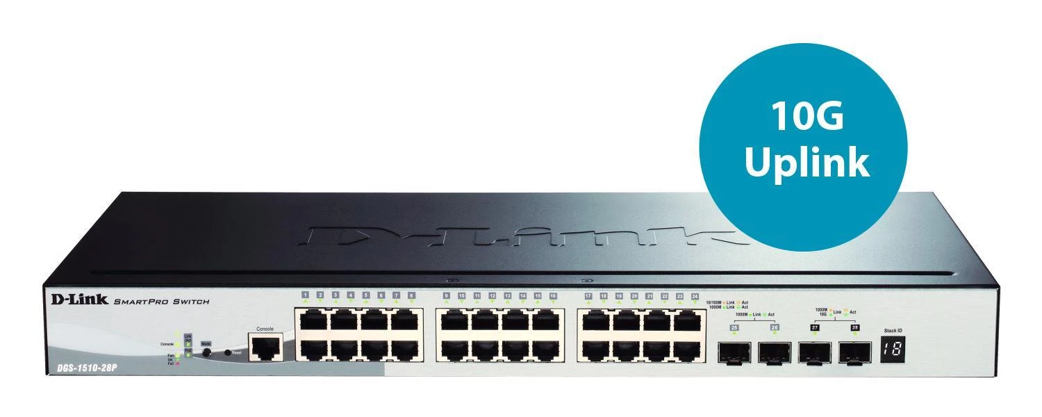 Šakotuvas D-LINK 28 prievadų išmanusis valdomas PoE Gigabit Stack jungiklis