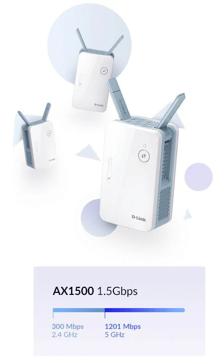 D-Link | AX1500 tinklelio diapazono ilgintuvas | E15/E | 802.11ac | 300+1200 Mbit/s | 10/100/1000 Mbit/s | Ethernet LAN (RJ-45) jungtys 1 | Nėra mobiliojo plačiajuosčio ryšio | MU-MiMO Taip | Antenos tipas 2x išorinė