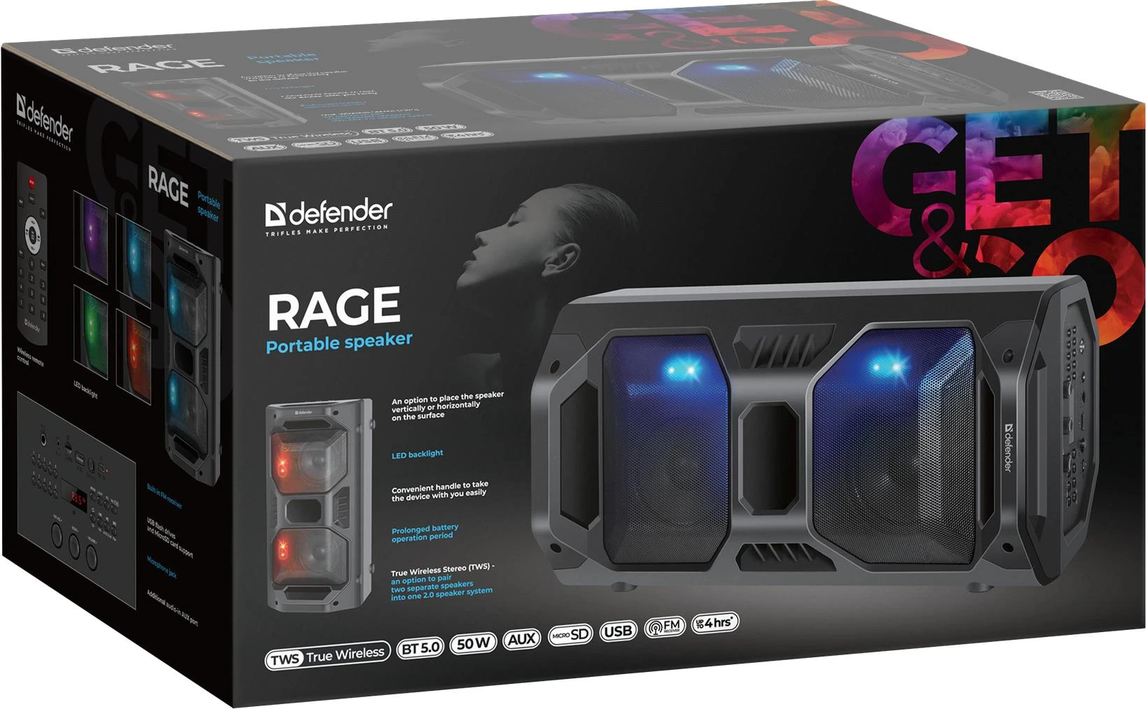 Defender Rage Stereo Nešiojama kolonėlė Juodas 50 W