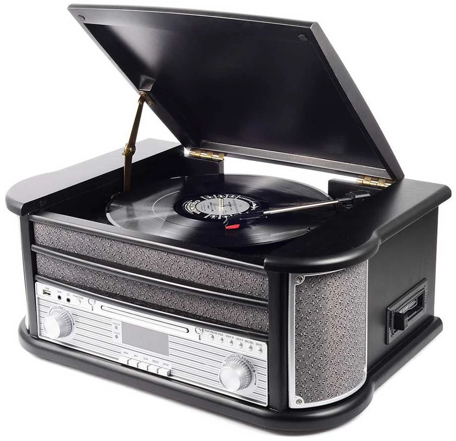 Muzikinis centras Medinis retro muzikos centras Denver MRD-51 su juodu patefonu