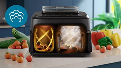 Dviejų krepšelių gruzdintuvė su garų funkcija Philips 5000 series NA552/00, 9 l aprašymas - Prekės nuotrauka