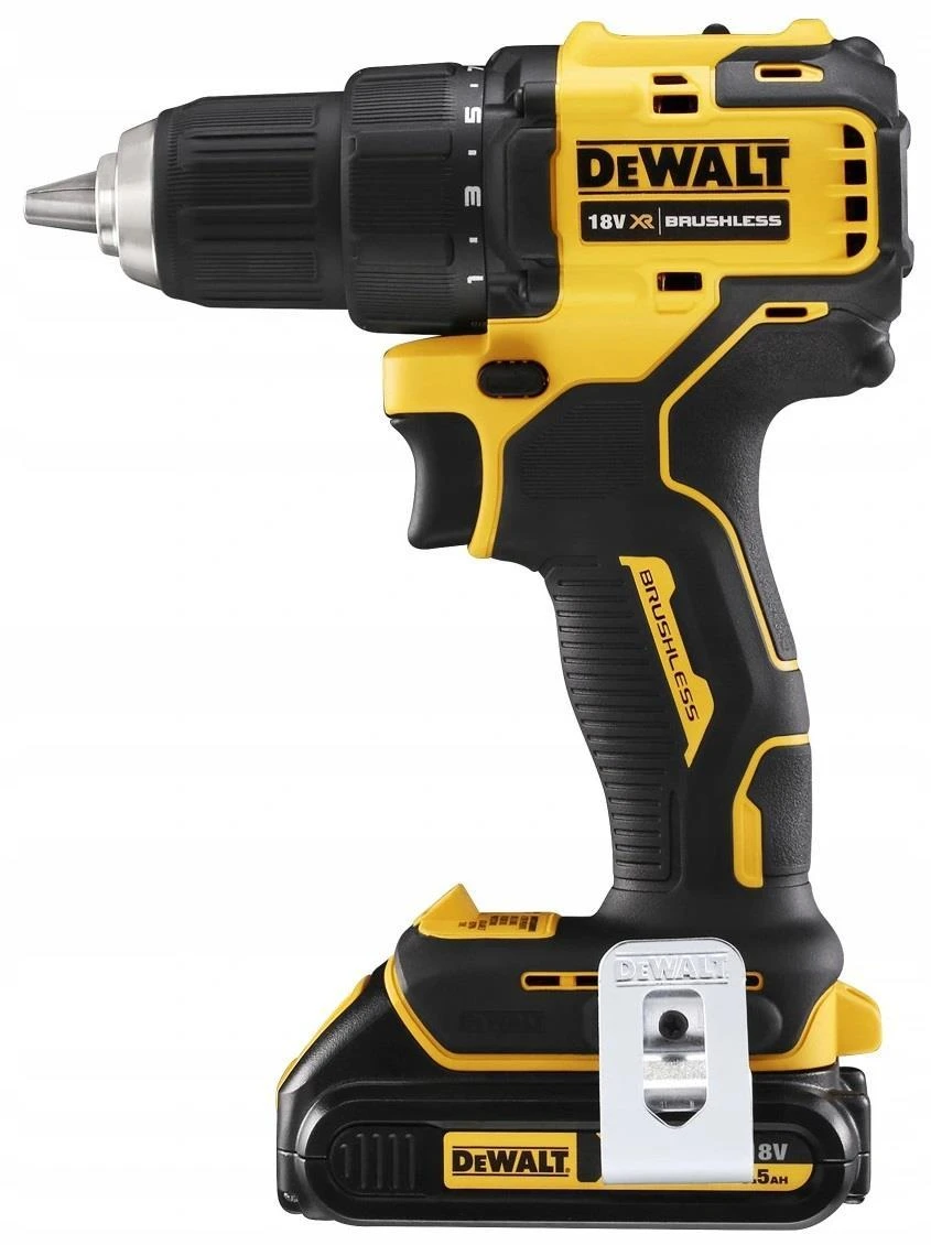 Dewalt 18V suktuvas-gręžtuvas šoninis vaizdas su diržo kablys