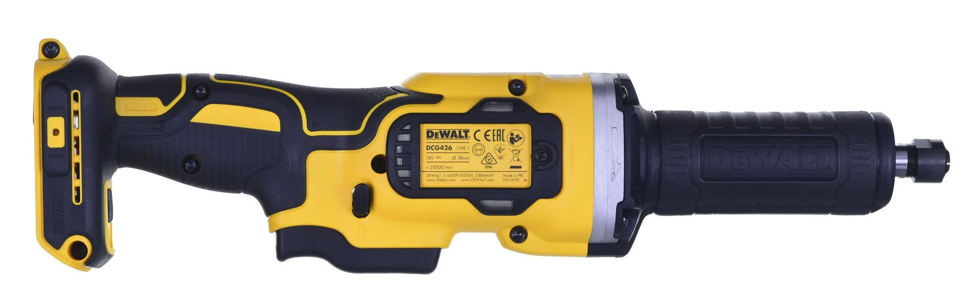 DeWalt DCG426N tiesinis šlifuoklis iš šono