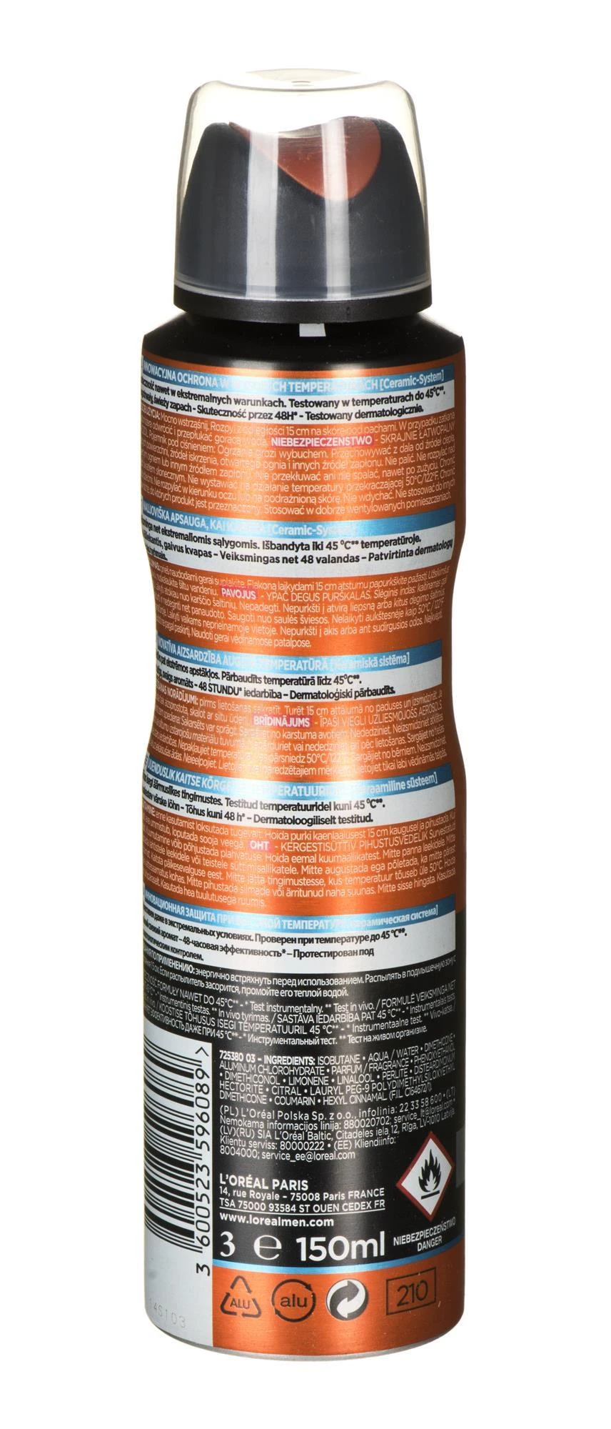 L'Oreal dezodorantas 150ml, nugarinė etiketė