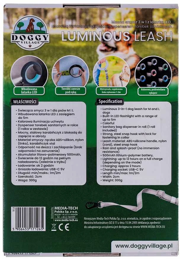 Doggy Village LUMINOUS Pavadėlis – stiprus 3 viename pavadėlis su LED žibintuvėliu, spalvotu rankenos apšvietimu ir higieninio maišelio dozatoriumi vidutiniams ir dideliems šunims, baltas