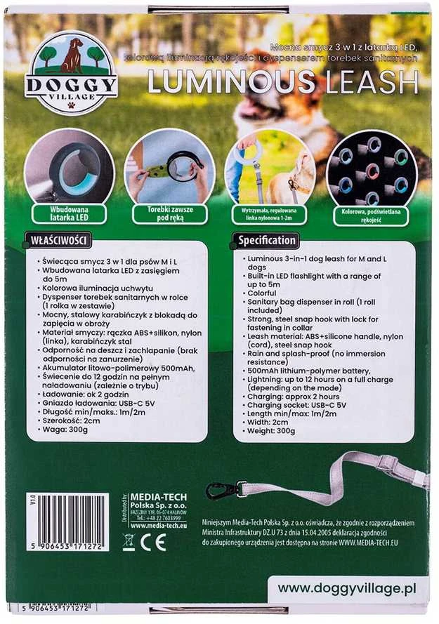 Doggy Village LUMINOUS Pavadėlis - Tvirtas 3 viename pavadėlis su LED žibintuvėliu, spalvotu rankenos apšvietimu ir higieninio maišelio dozatoriumi vidutiniams ir dideliems šunims, rožinė