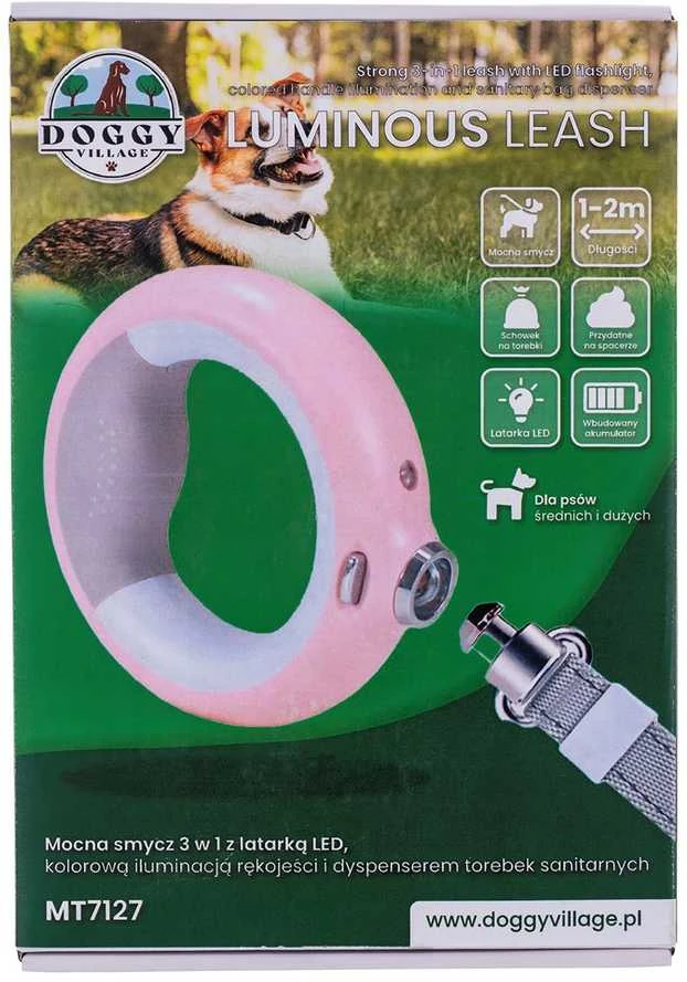 Doggy Village LUMINOUS Pavadėlis - Tvirtas 3 viename pavadėlis su LED žibintuvėliu, spalvotu rankenos apšvietimu ir higieninio maišelio dozatoriumi vidutiniams ir dideliems šunims, rožinė