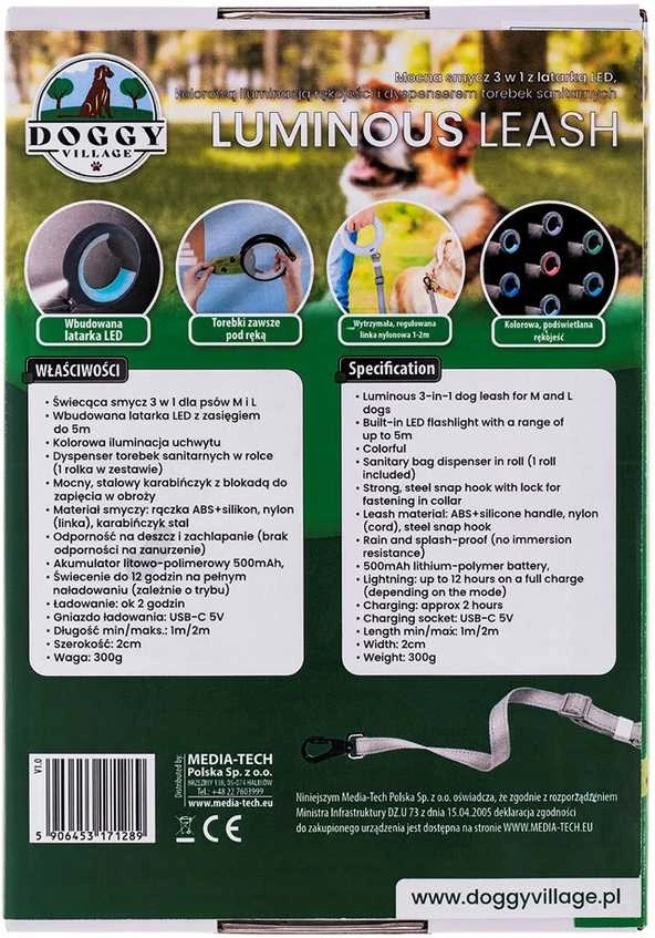 Doggy Village LUMINOUS Pavadėlis - stiprus 3 viename pavadėlis su LED žibintuvėliu, spalvotu rankenos apšvietimu ir higieninio maišelio dozatoriumi vidutiniams ir dideliems šunims, juodas