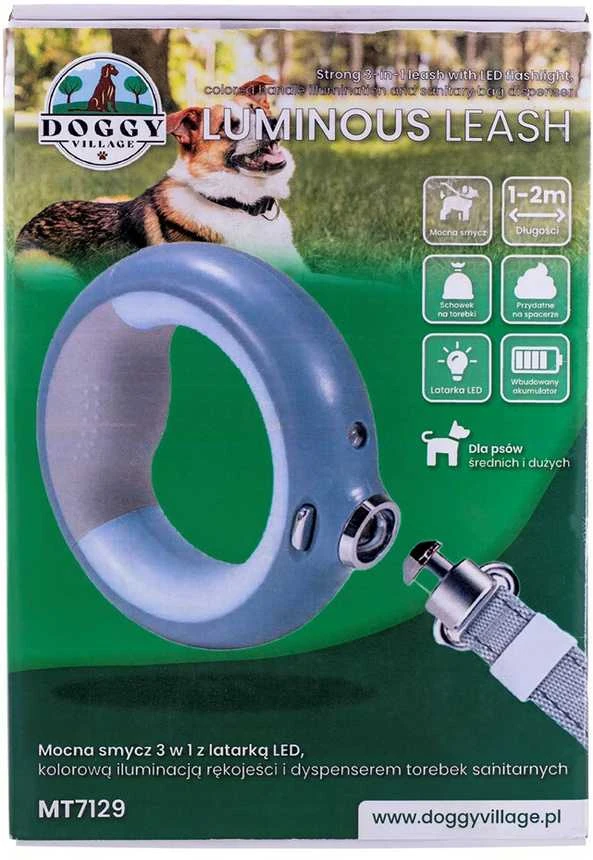 Doggy Village LUMINOUS Pavadėlis - Tvirtas 3 viename pavadėlis su LED žibintuvėliu, spalvotu rankenos apšvietimu ir higieninio maišelio dozatoriumi vidutiniams ir dideliems šunims, pilkas