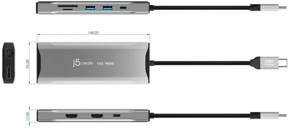 J5create – 4K60 Elite USB-C trijų monitorių 10 Gbps mini dokas