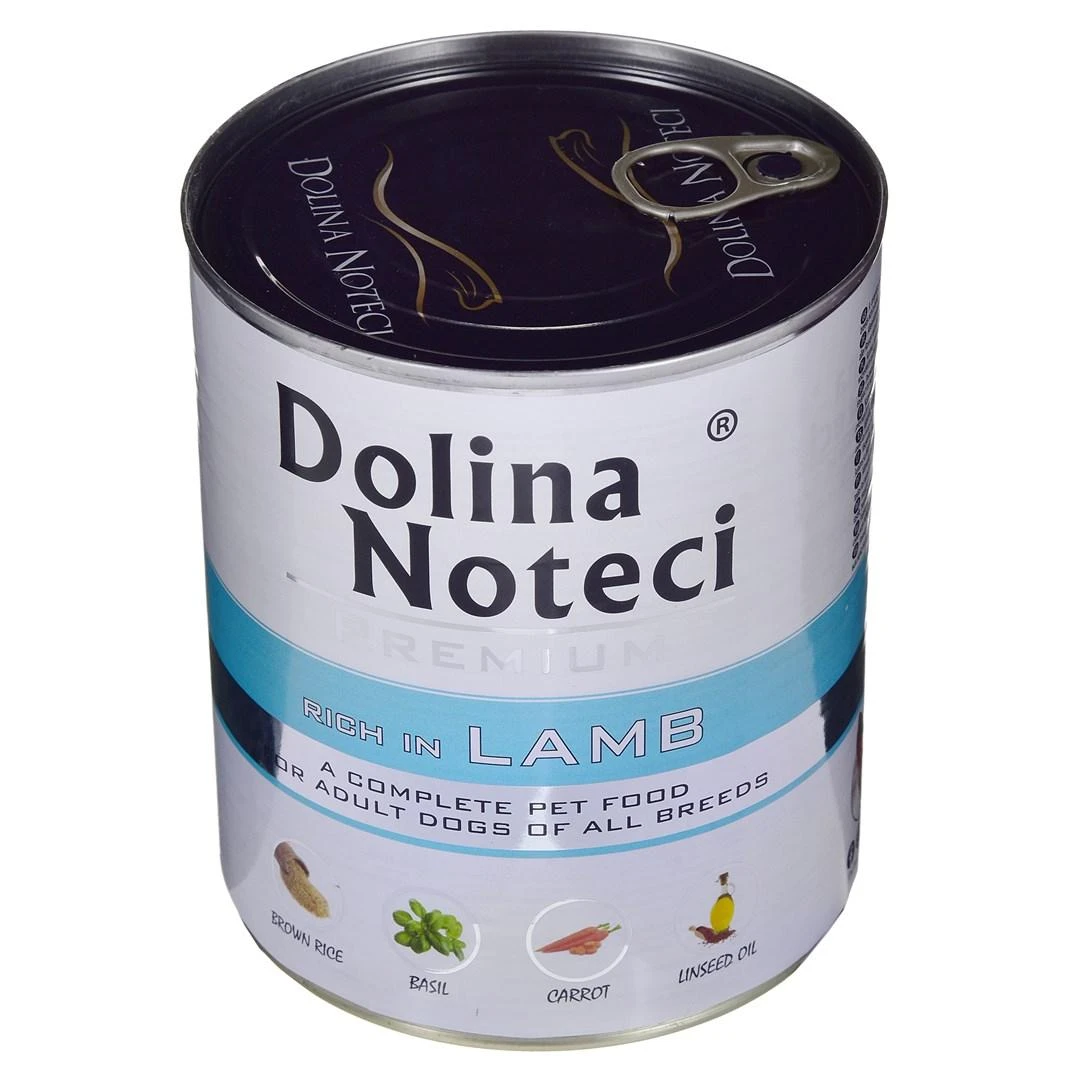 Visavertis konservuotas pašaras visų veislių suaugusiems šunims Dolina Noteci PREMIUM su ėriena 800g