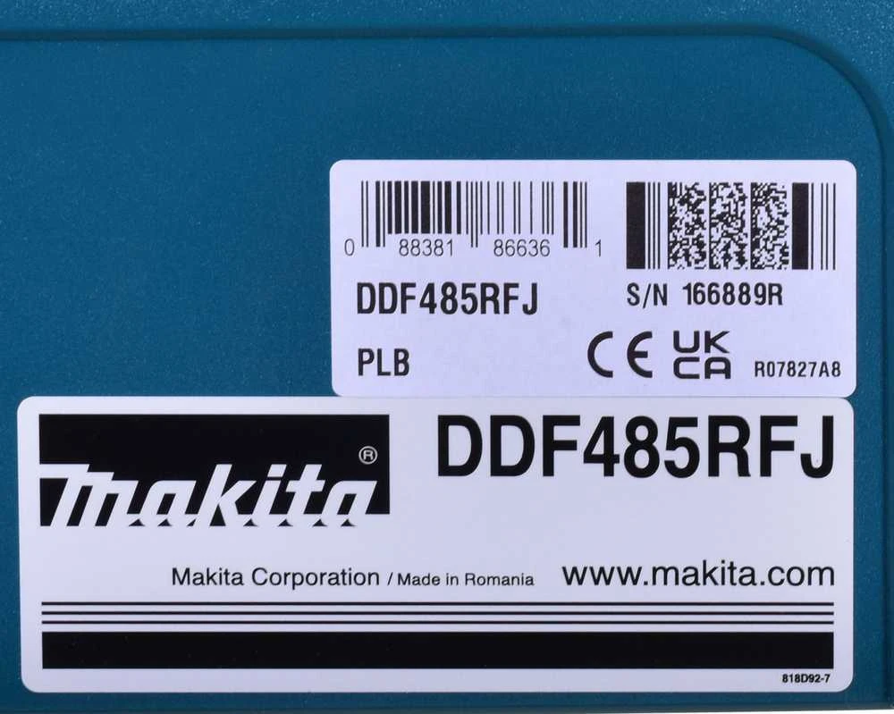 Makita DDF485RFJ modelio identifikavimo lipdukas