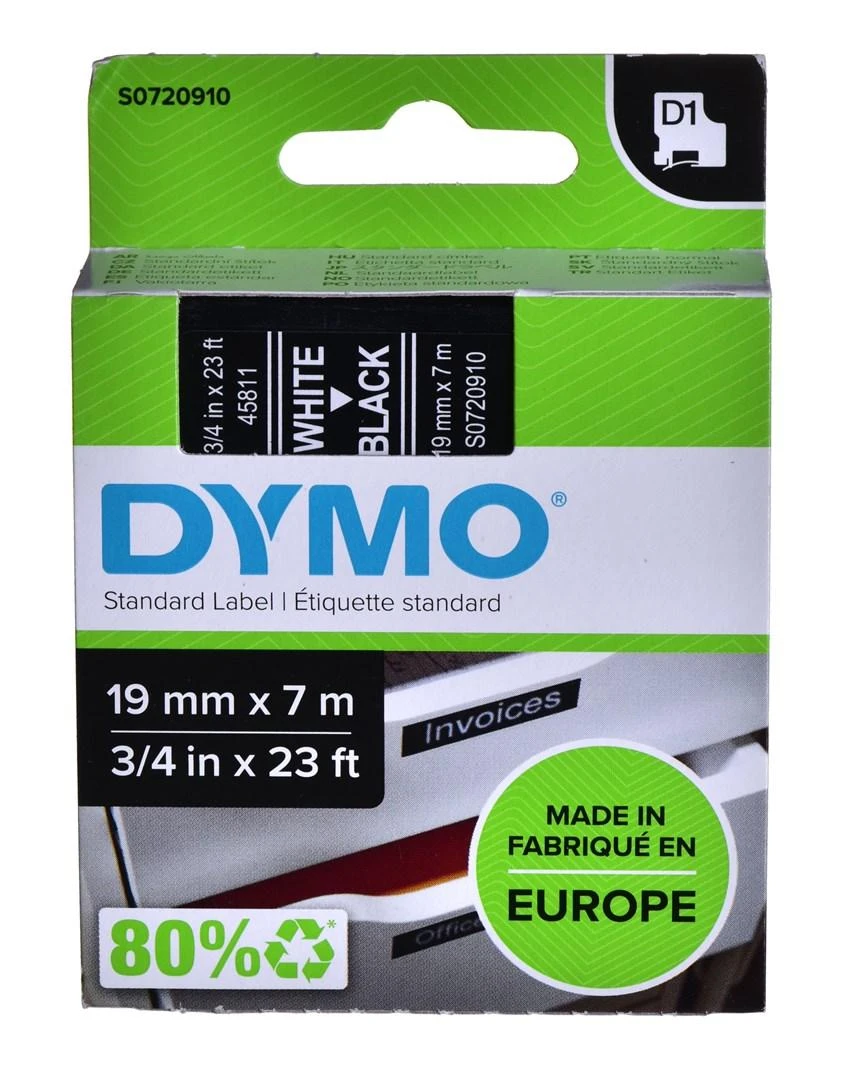 D1, žymėjimo juosta, 19mm, baltas tekstas ant juodo juostos, 7m - 45811 DYMO / S0720910