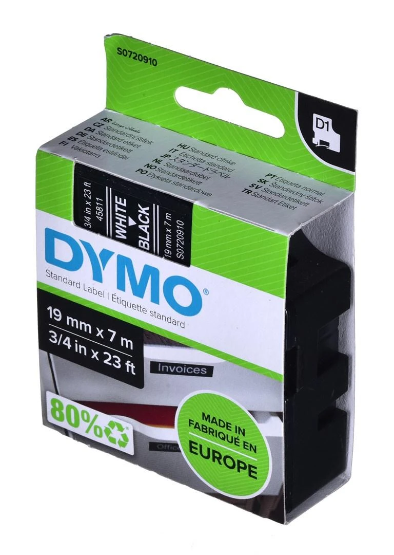 D1, žymėjimo juosta, 19mm, baltas tekstas ant juodo juostos, 7m - 45811 DYMO / S0720910