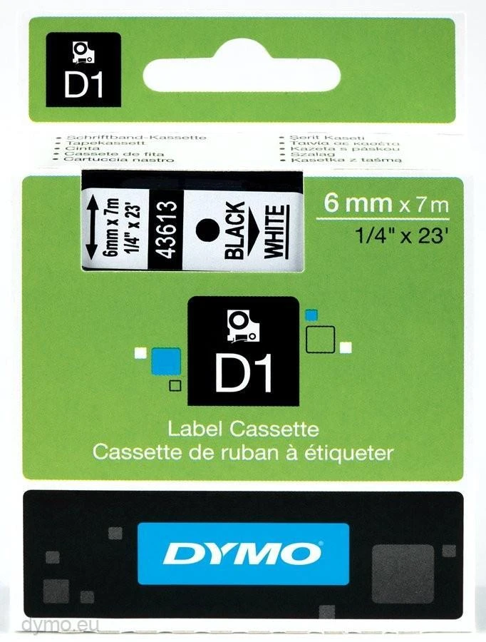 Juostelė DYMO D1, 6 mm x 7 m, Juodas šriftas/BALTA juosta
