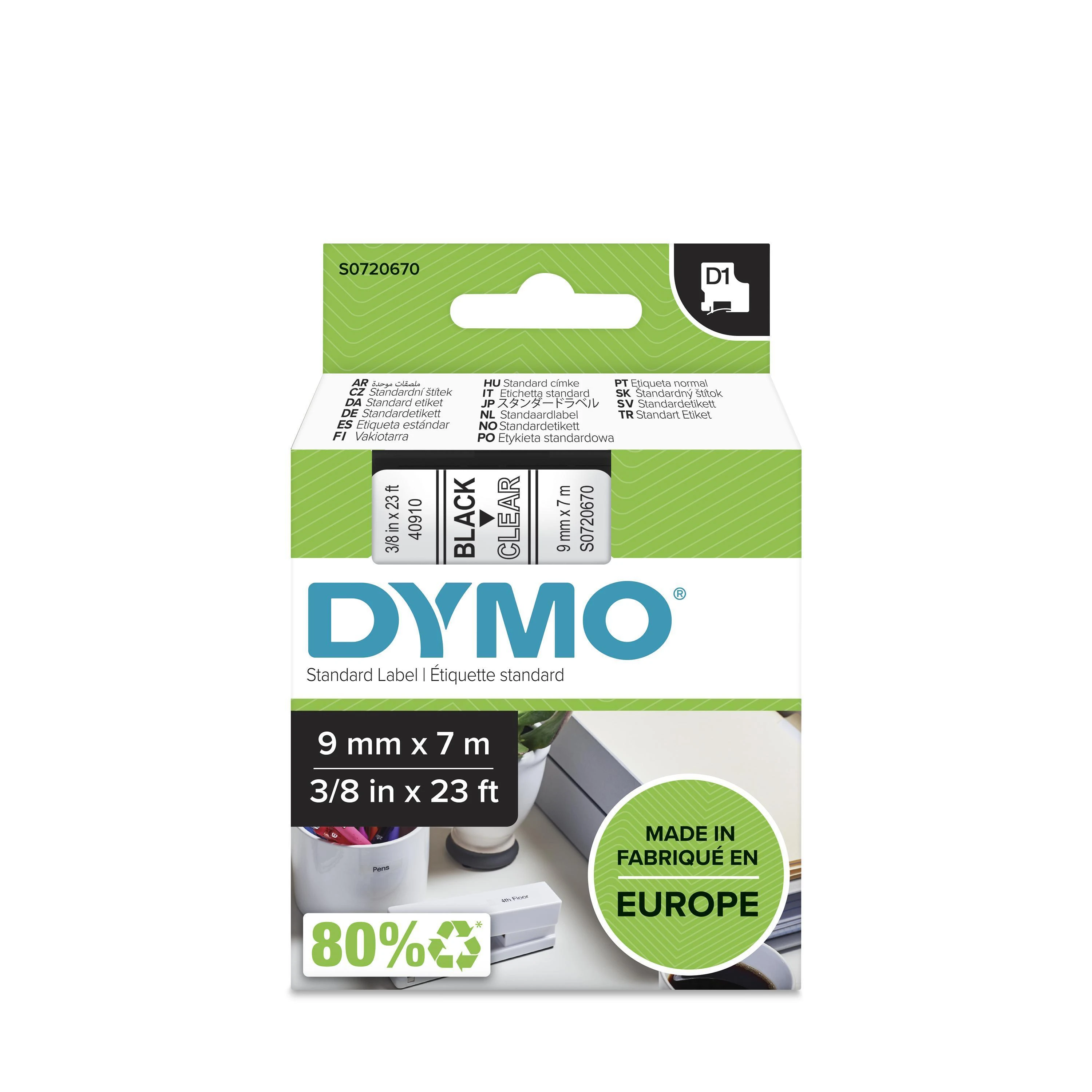 Juostelė DYMO D1 9mm x 7m, juoda ant permatomo / S0720670 40910