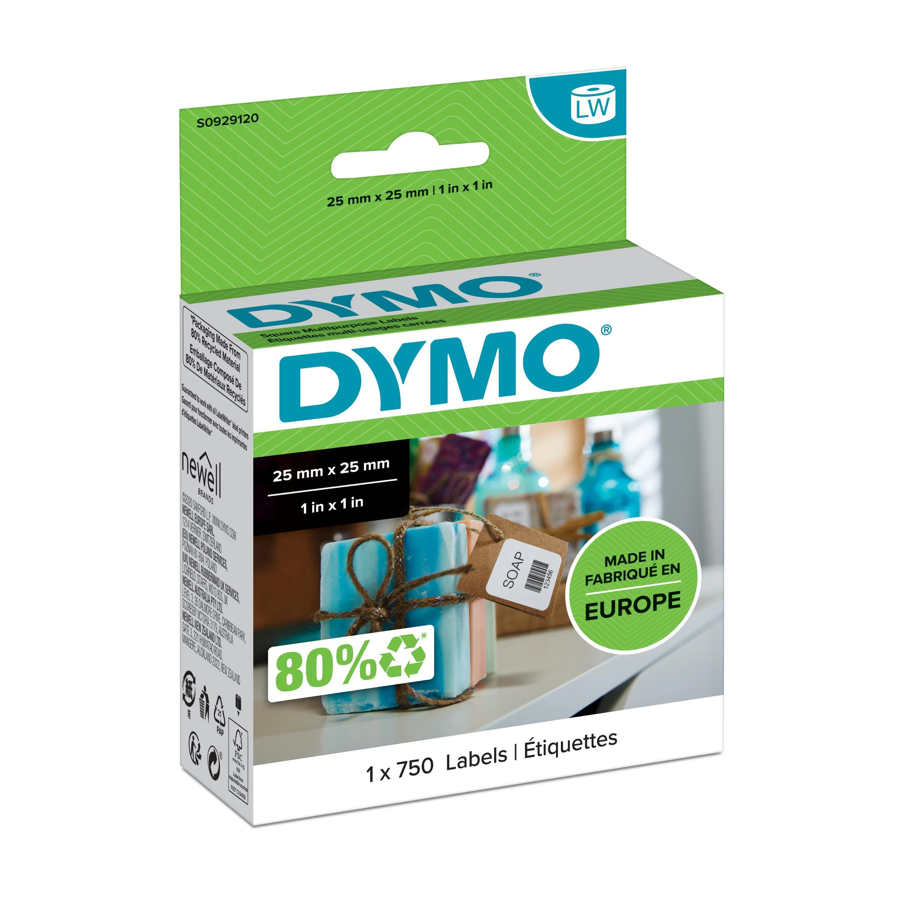 DYMO LabelWriter kvadratinės universalios etiketės, 25x25mm, 750vnt, baltas S0929120