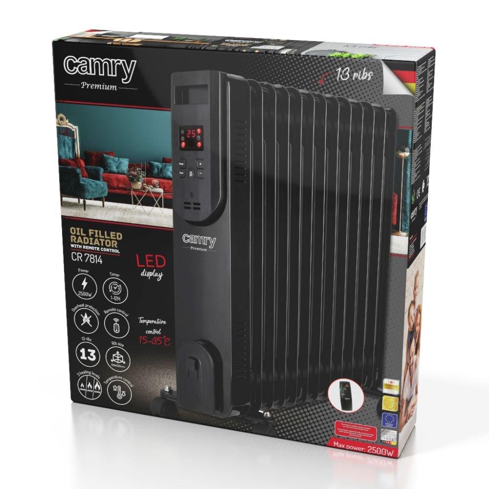 Adler Camry | Alyvos pripildytas radiatorius su nuotolinio valdymo pulteliu | CR 7814 | Alyva užpildytas radiatorius | 2500 W | Galios lygių skaičius 3 | Juodas