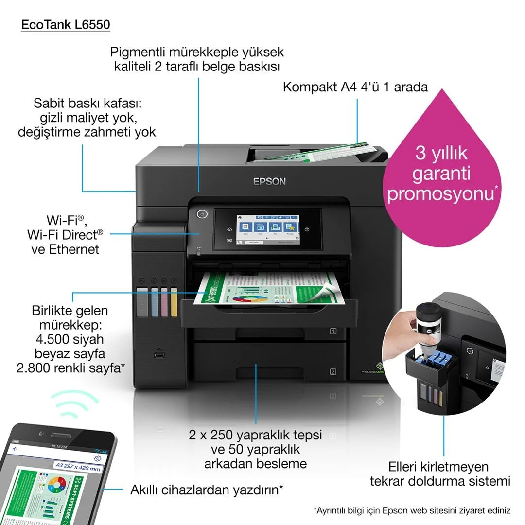 Epson | Daugiafunkcinis Spausdintuvas | EcoTank L6550 | Inkjet | Spalvotas | Inkjet Daugiafunkcinis Spausdintuvas | A4 | Wi-Fi | Juodas