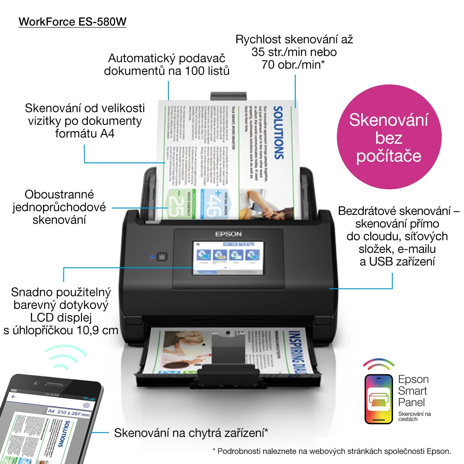 Skeneris Epson | Dokumentų skaitytuvas | Darbo jėga ES-580W | Spalva | Bevielis