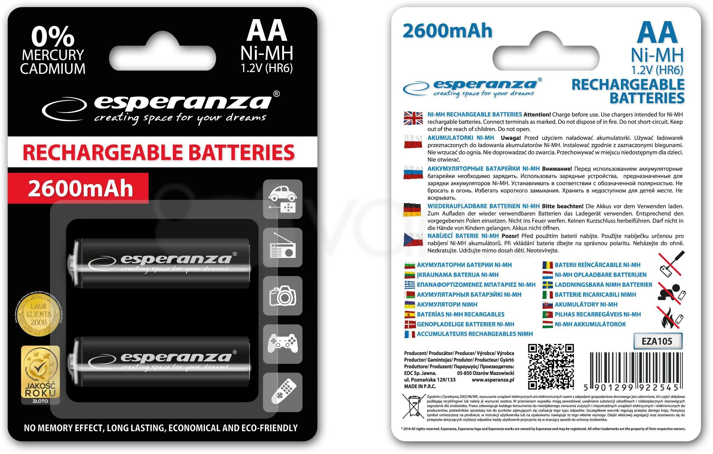 Esperanza EZA105 pramoninė įkraunama baterija Nikelio-metalo hidrido (NiMH) 2600 mAh 1,2 V