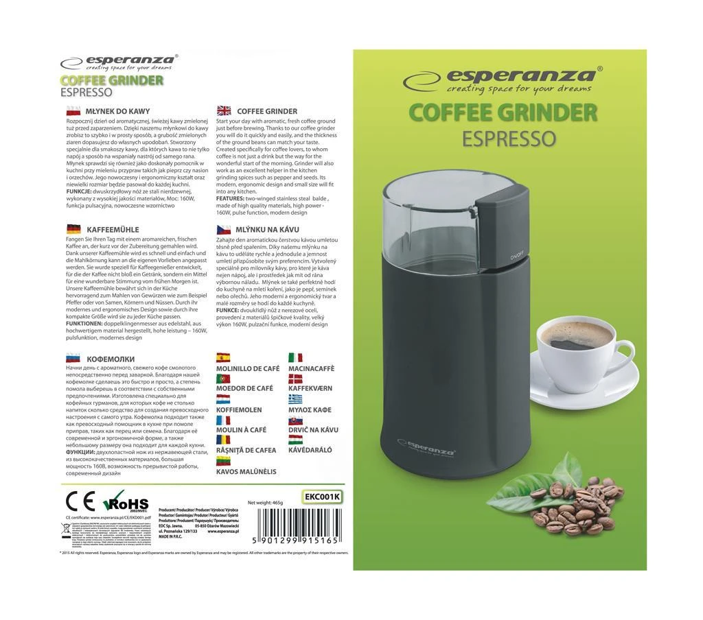 Kavamalė Grinder for coffee Esperanza Espresso EKC001K (160W, impact, juodos spalvos)